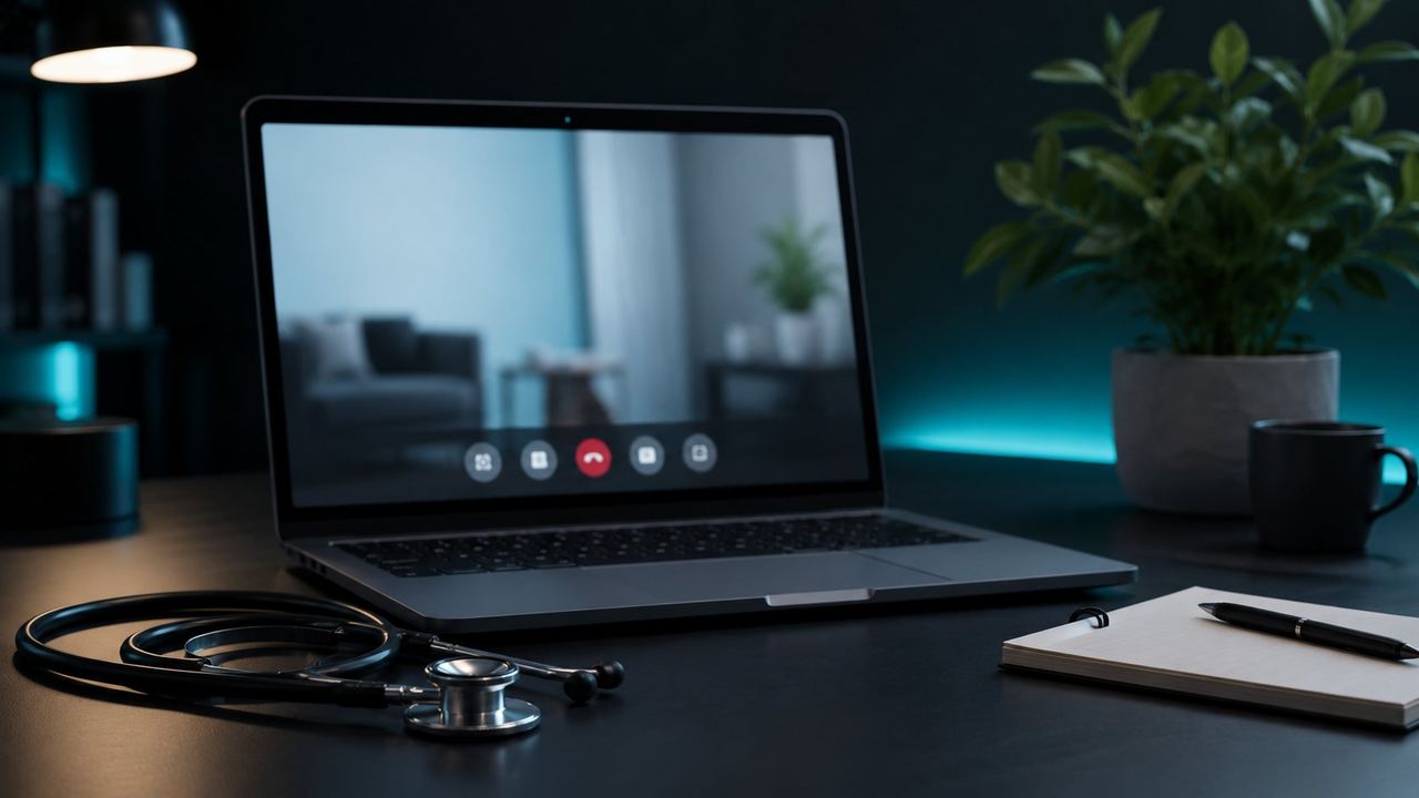 Telemedicine consultation desk with stethoscope and laptop